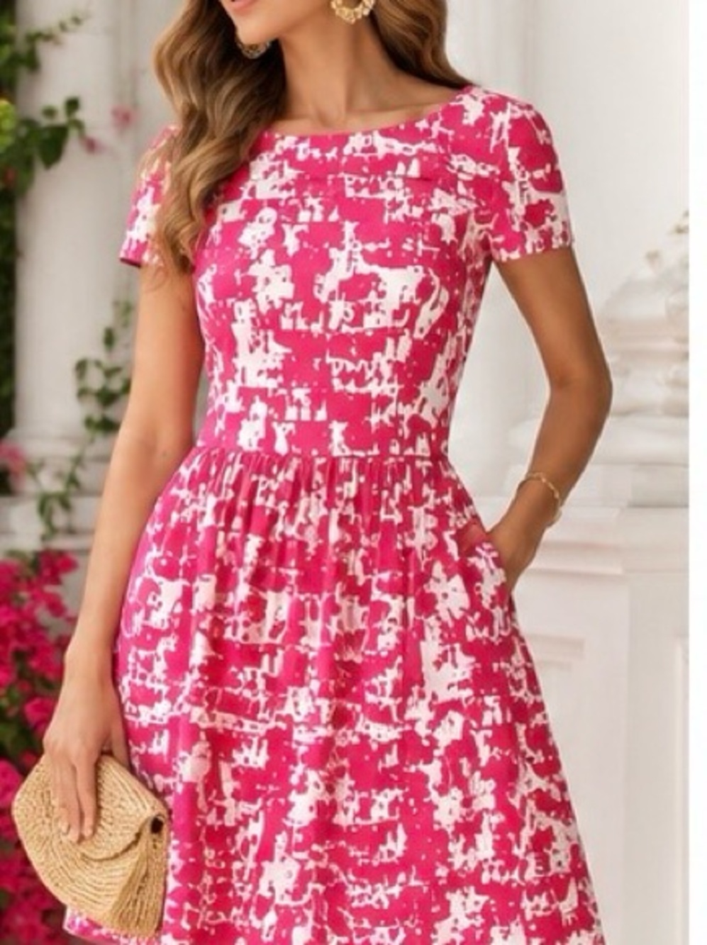 Oscar de la Renta Pink Abstract Cotton Poplin Fit & Flare Dress Size 2